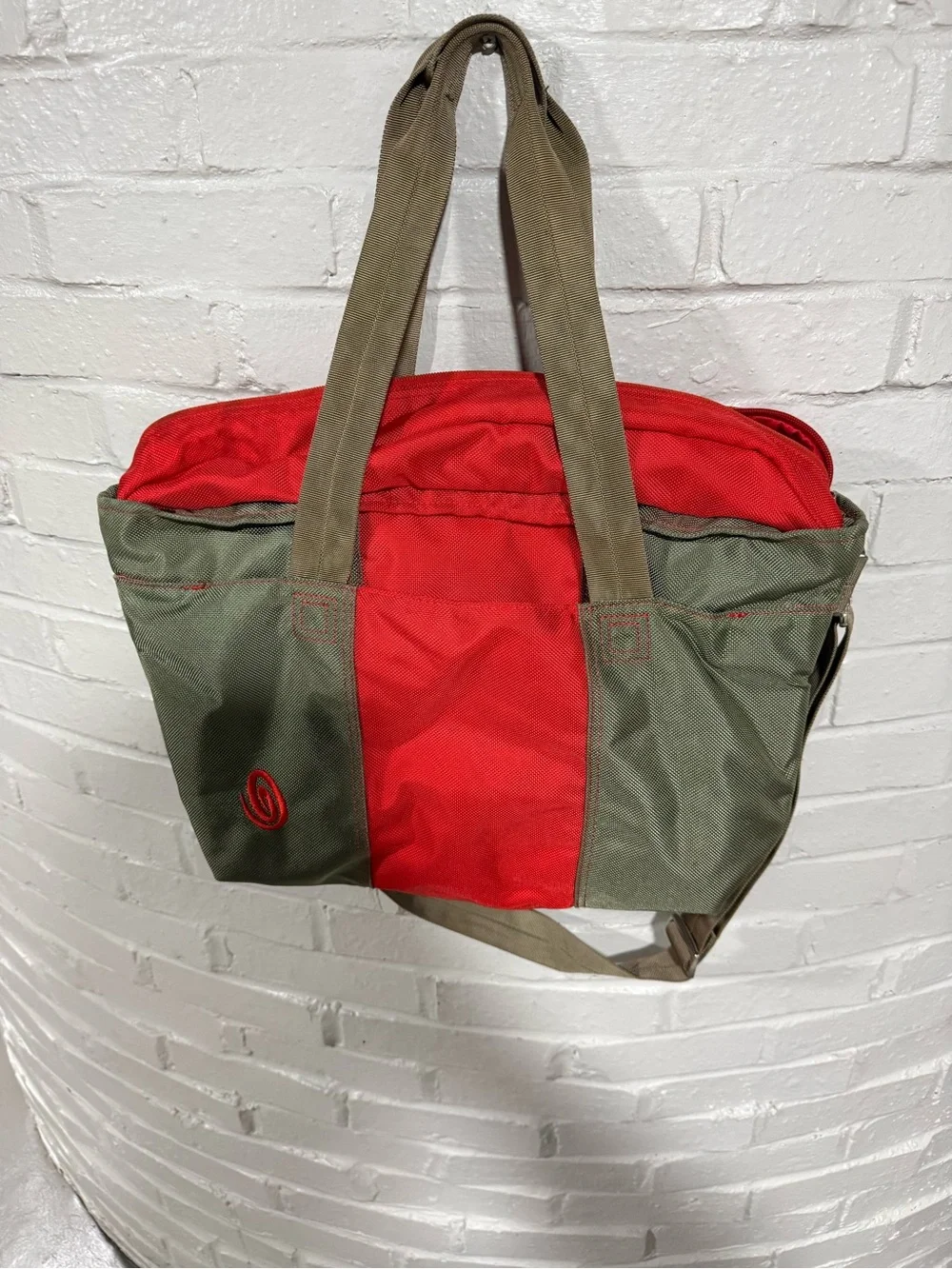 Olive Green and Red Utility Tote Bag